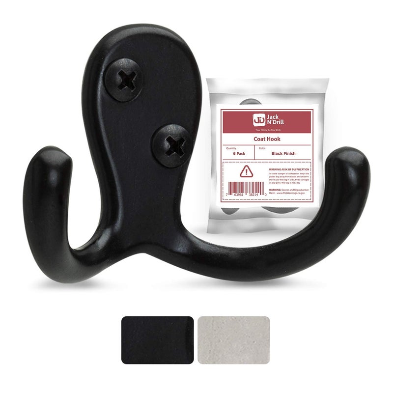 JD Jack N'Drill Jack Nâ€™ Drill 5 + 1 Pack Double Coat Hooks in Black Finish, Easy to Install, Stronger & More Durable for Heavy Items, Wall Mount Hook for Hanging Towels, Coats, Hats, Heavy Bags, and More - Image 1